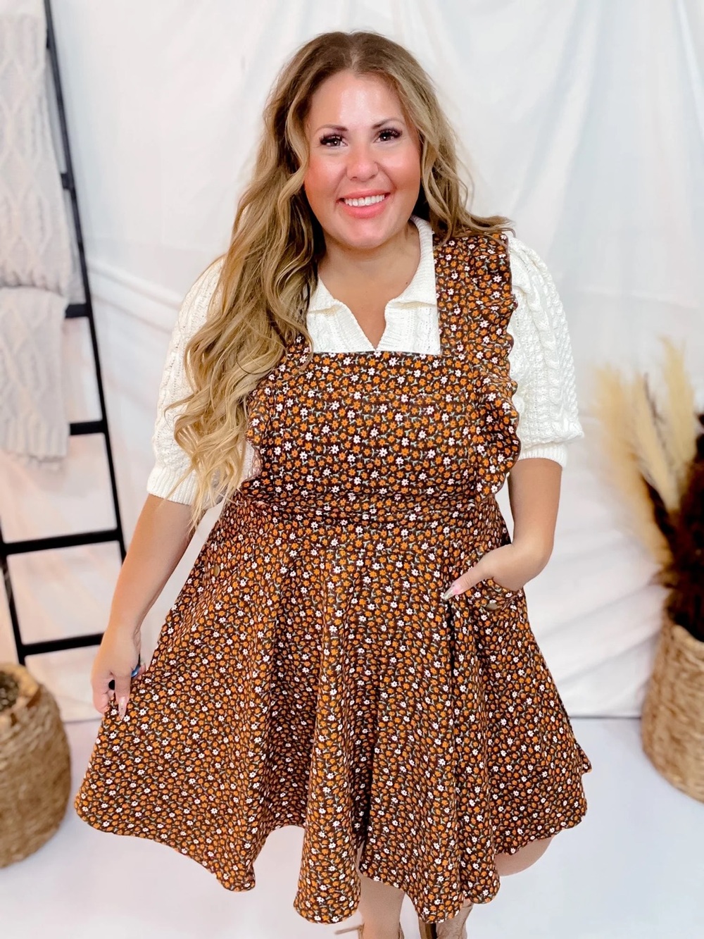 Unique Vintage Brown Ditsy Floral Corduroy Pinafore Dress with Ruffled Straps
